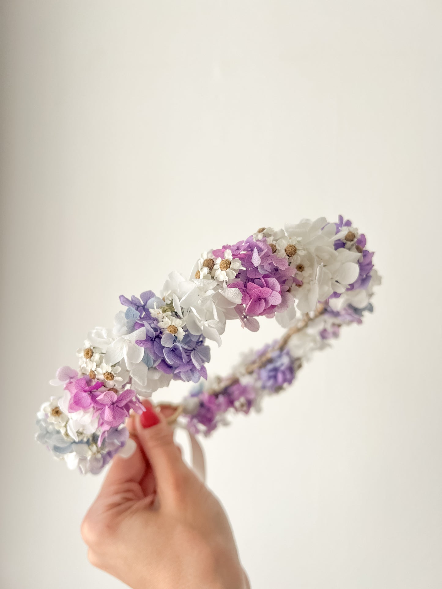 Pastel Colourful Flower Crown with Dried Daisy and Hydrangeas