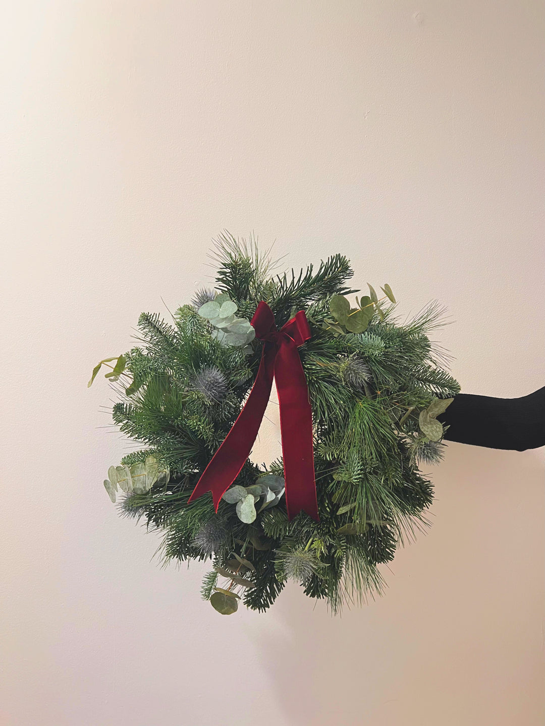 Woodland Christmas Wreath with Thistle, Eucalyptus and Burgundy Velvet Ribbon 50cm