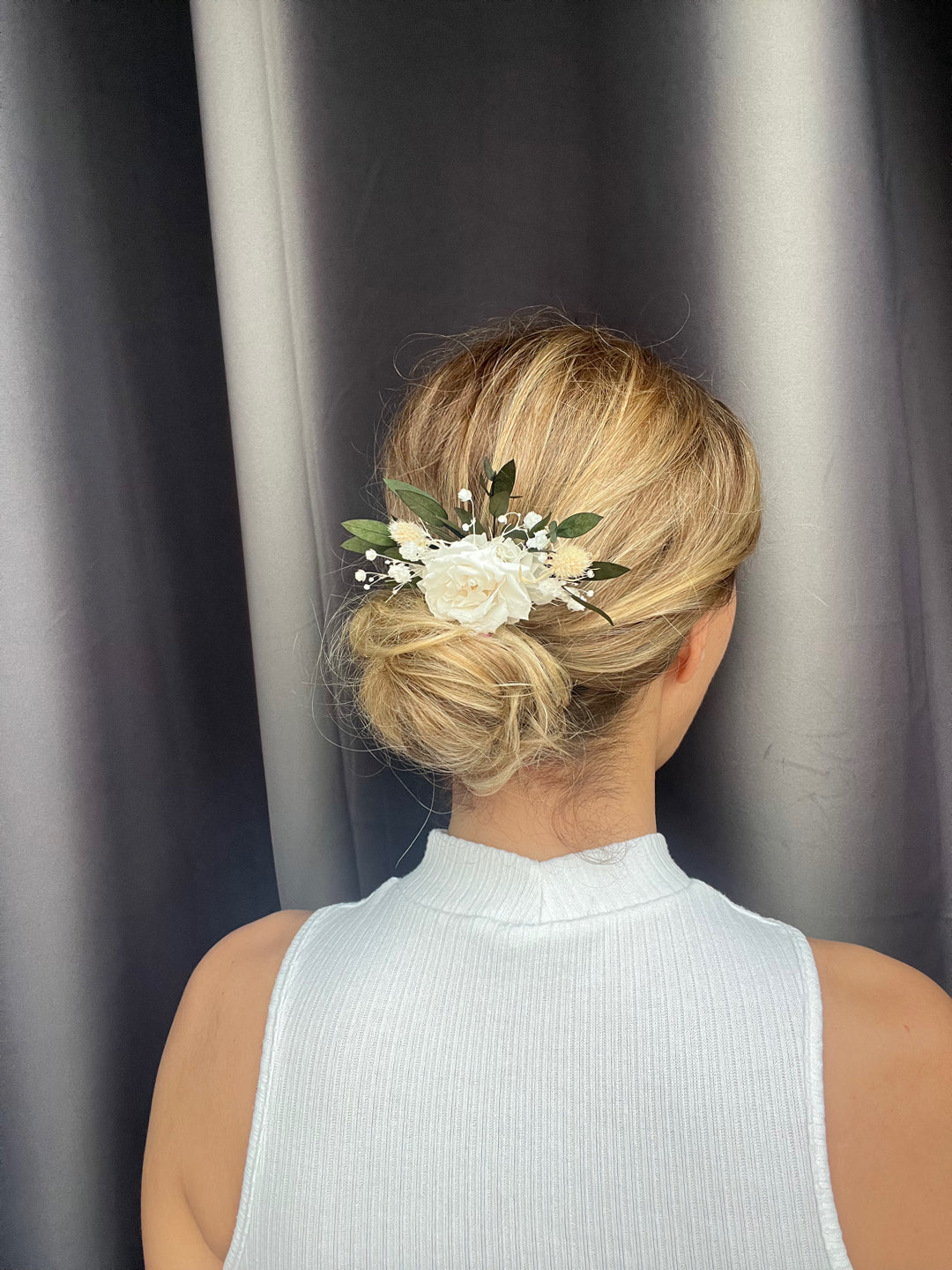 Wedding Hair Accessories, Bridal Dried Flower Comb with French Garden Rose, Babys Breath Gypsophila and Eucalyptus Leaves