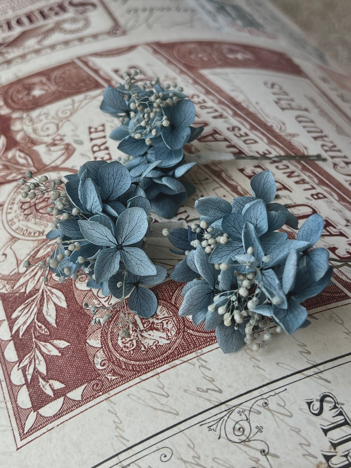 Dusty Blue Wedding Hair Pins with Hydrangeas and Gypsophilas, Set of 3