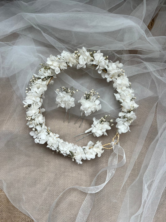 Babys Breath Hair Pins, White Hydrangea and Gypsophila Hair Accessories, Gypsophila Hair Crown, Dried Flower Hair Wreath for Brides