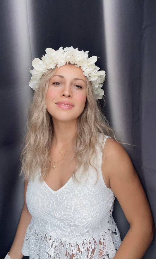 Ivory Floral Headband with Ivory Hydrangeas and Lunaria | Dried Honesty Flower Crown