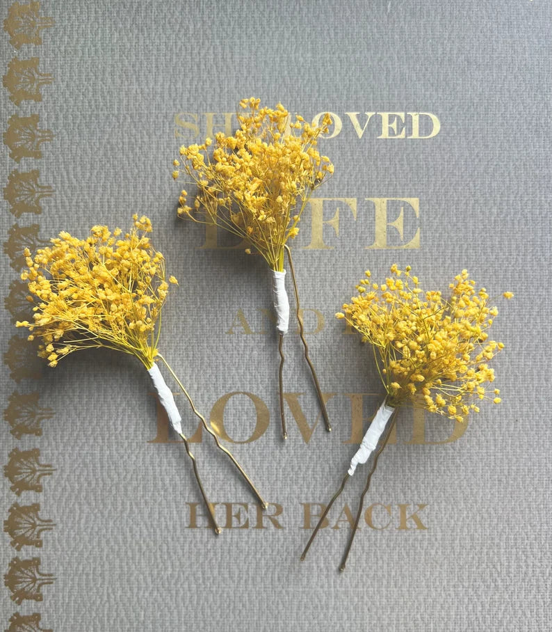 Yellow Gypsophila Babys Breath Hair Pins, Bridal Floral Hair Pin Set Minimal