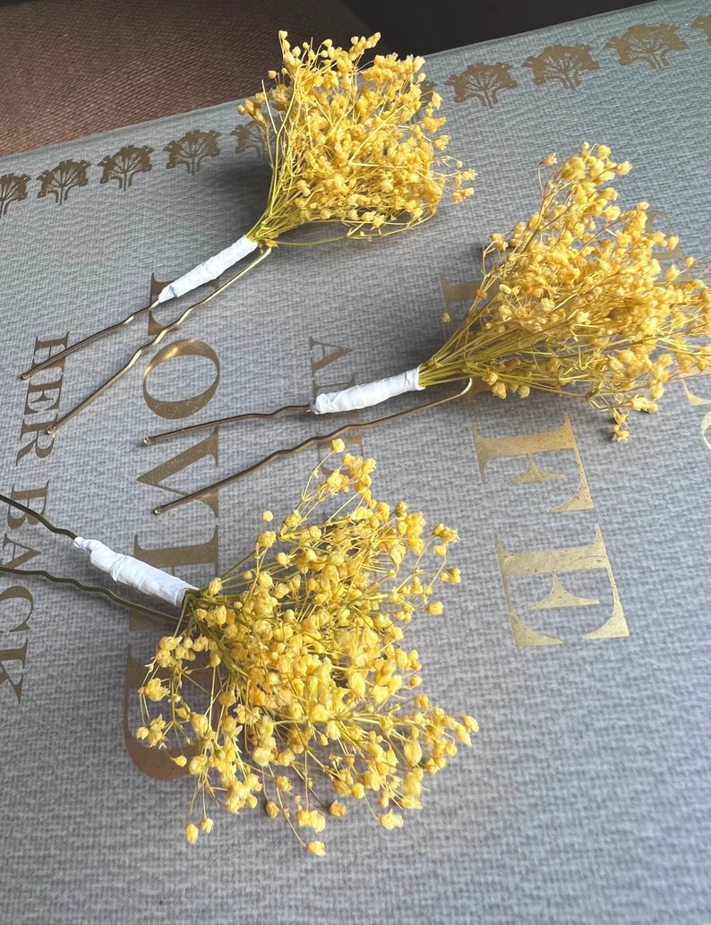 Yellow Gypsophila Babys Breath Hair Pins, Bridal Floral Hair Pin Set Minimal