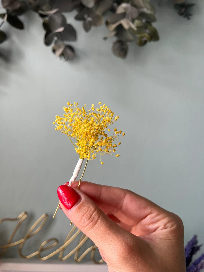 Yellow Gypsophila Babys Breath Hair Pins, Bridal Floral Hair Pin Set Minimal