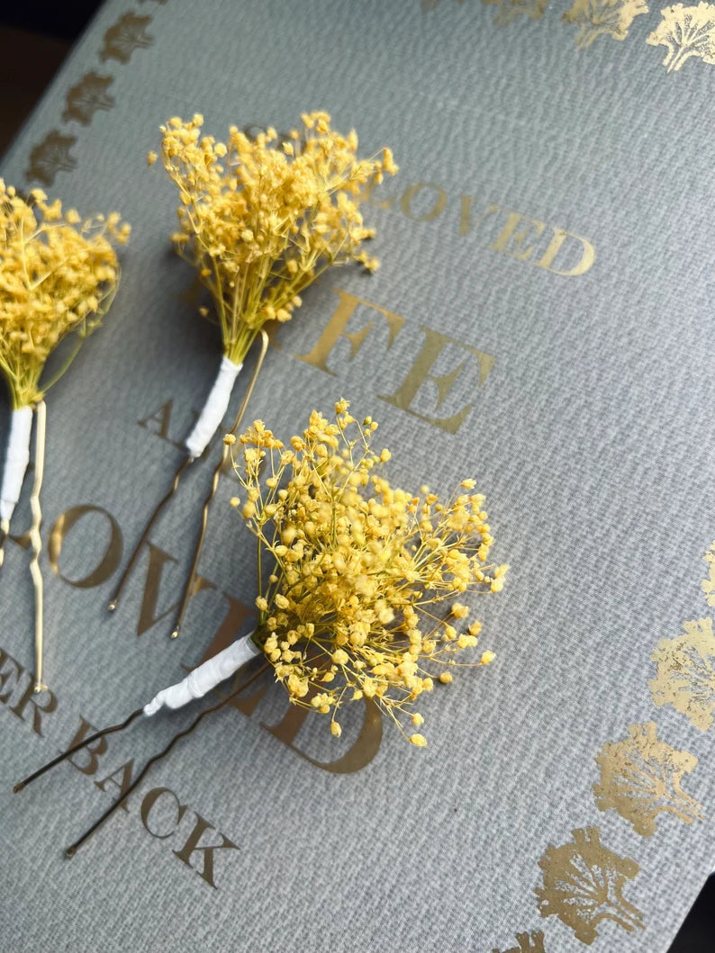 Yellow Gypsophila Babys Breath Hair Pins, Bridal Floral Hair Pin Set Minimal