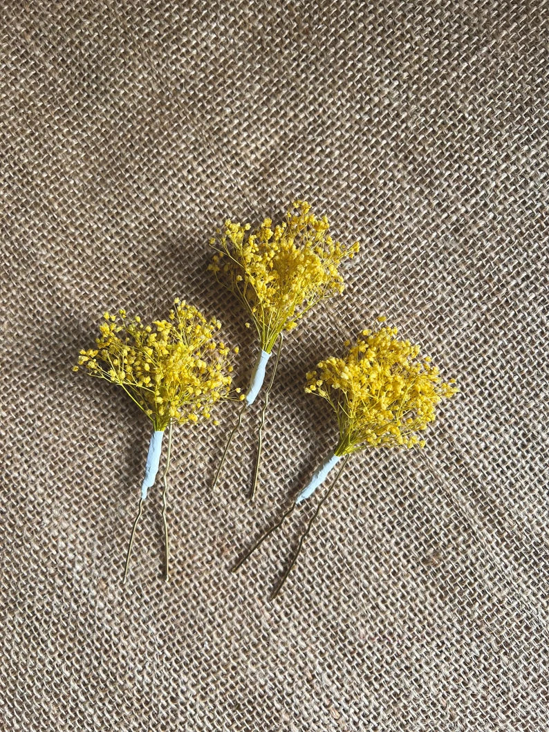 Yellow Gypsophila Babys Breath Hair Pins, Bridal Floral Hair Pin Set Minimal
