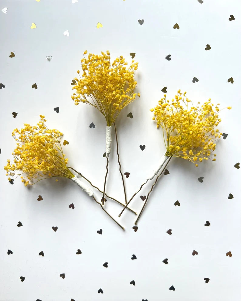 Yellow Gypsophila Babys Breath Hair Pins, Bridal Floral Hair Pin Set Minimal