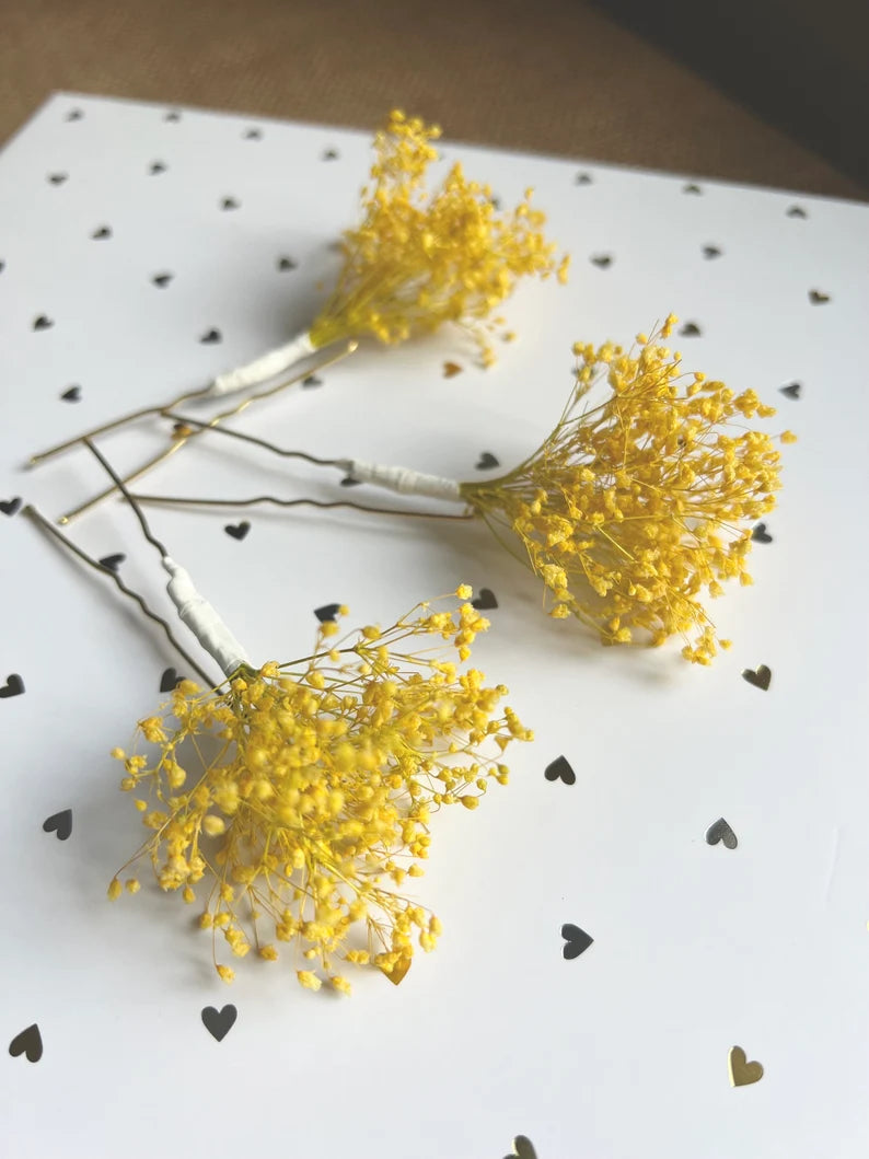 Yellow Gypsophila Babys Breath Hair Pins, Bridal Floral Hair Pin Set Minimal