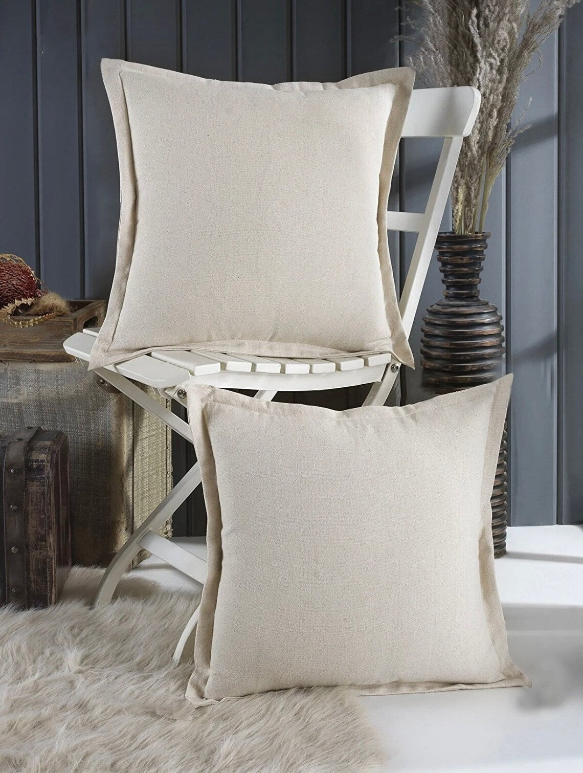100% Cotton Boho Cushion Cover Linen Look 50x50 cm Plain Cream Beige, Bohemian House Decoration, Pure Cotton Cushions Zipped