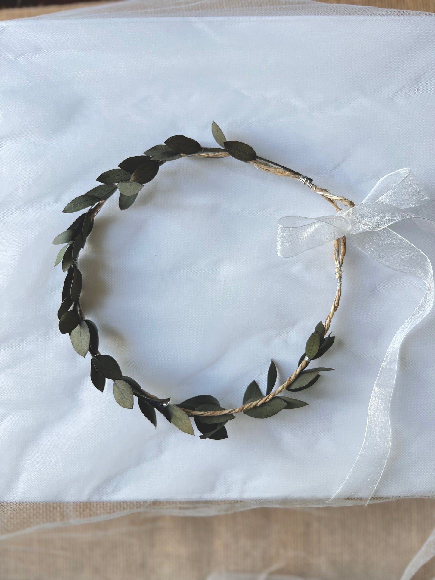 Greenery Eucalyptus Halo Crown for Brides and Flower Girl Headband Everlasting Green Olive Leaves, Wedding Headpiece Minimalist Headband