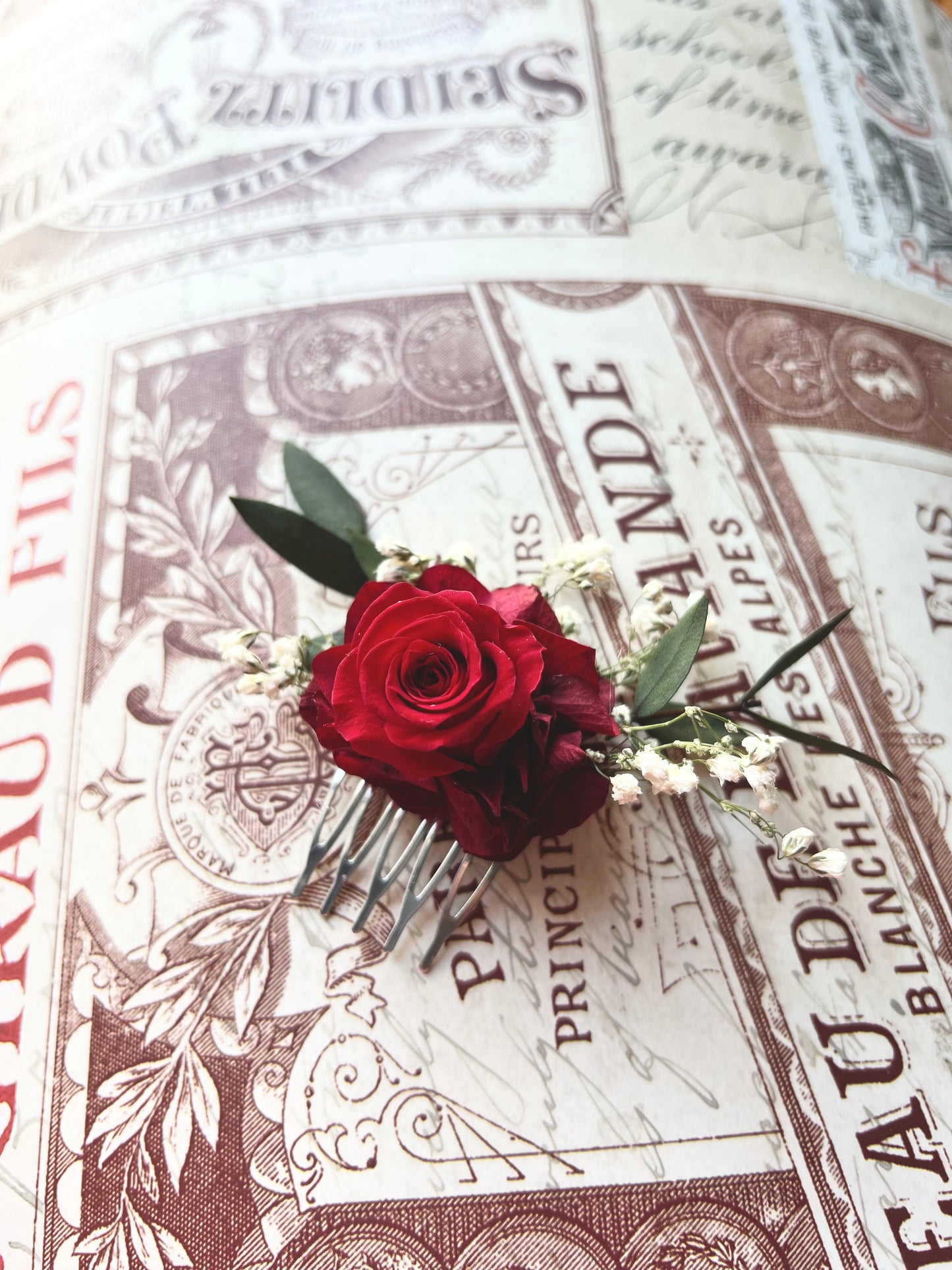 Classic Red Rose Everlasting Bridal Hair Piece, Minimalist Wedding Bridal Dried Flower and Eucalyptus Gypsophila Hair Comb