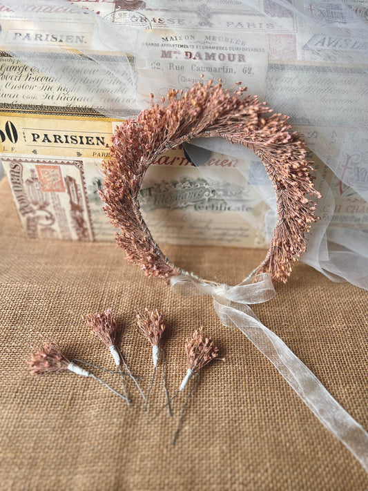 Peach Dusky Pink Dried Flower Crown, Wedding Flower Girl Floral Headband, Garden Barn Wedding Hair Pins Bridesmaids Hair Accessories Set