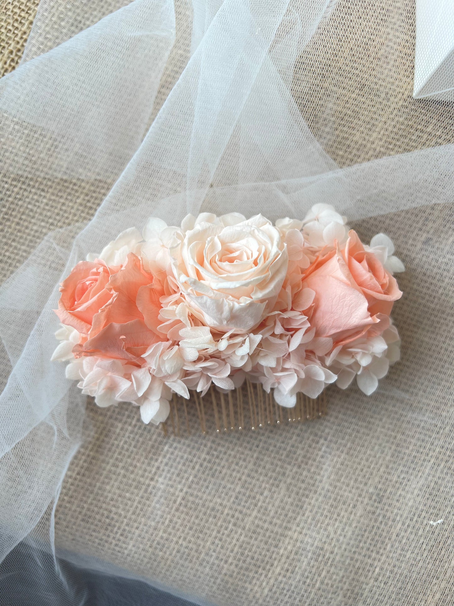 Bridal Rose Wedding Floral Hair Accessories Soft Pastel Peach, Dried Flower Hair Comb for Brides, Large Floral Hair Piece, Wedding Headpiece