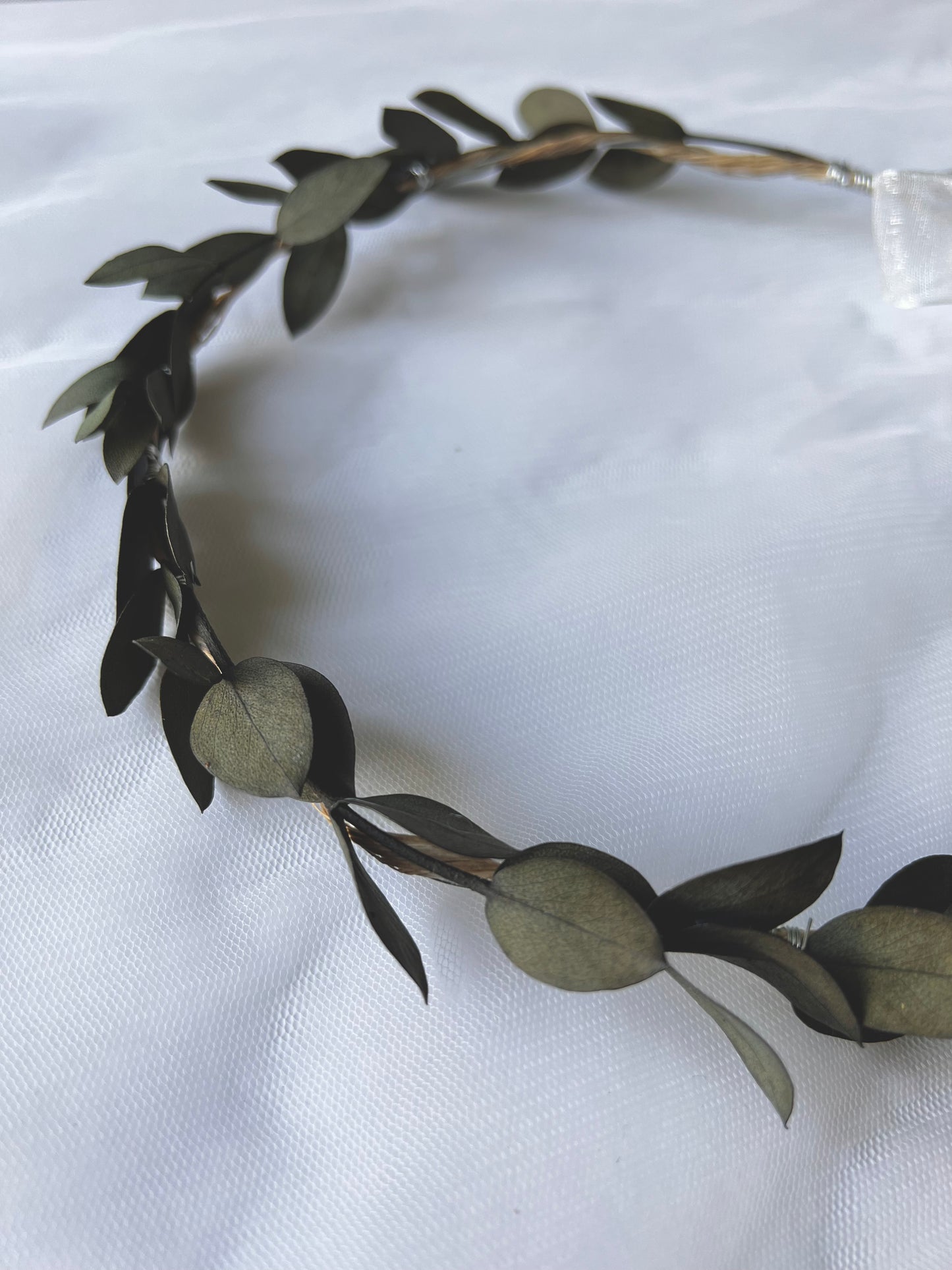 Greenery Eucalyptus Halo Crown for Brides and Flower Girl Headband Everlasting Green Olive Leaves, Wedding Headpiece Minimalist Headband