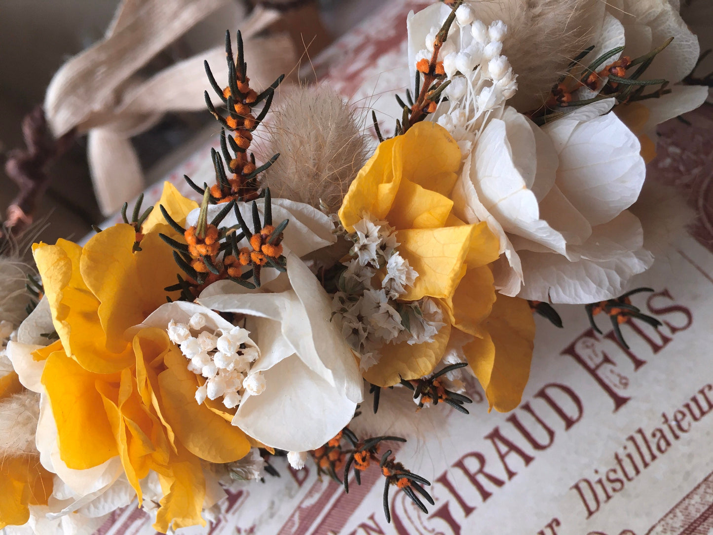 Rustic Wedding Dry Flower Hair Piece Yellow, Autumn Bridal Dried Flower Crown, Rustic Wedding Headpiece, Preserved Hydrangea UK, Bridal Set