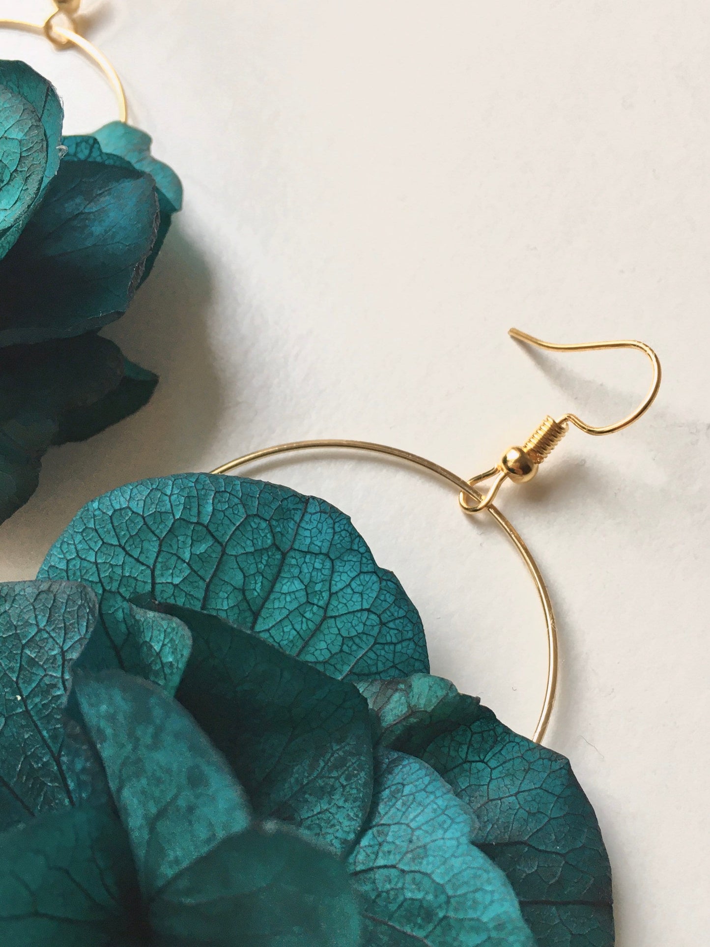 Emerald Green Gold Earrings Bridesmaids Gift, Bespoke Wedding Accessories, Real Flower Fine Jewellery UK, Flower Hoop Earrings Teal
