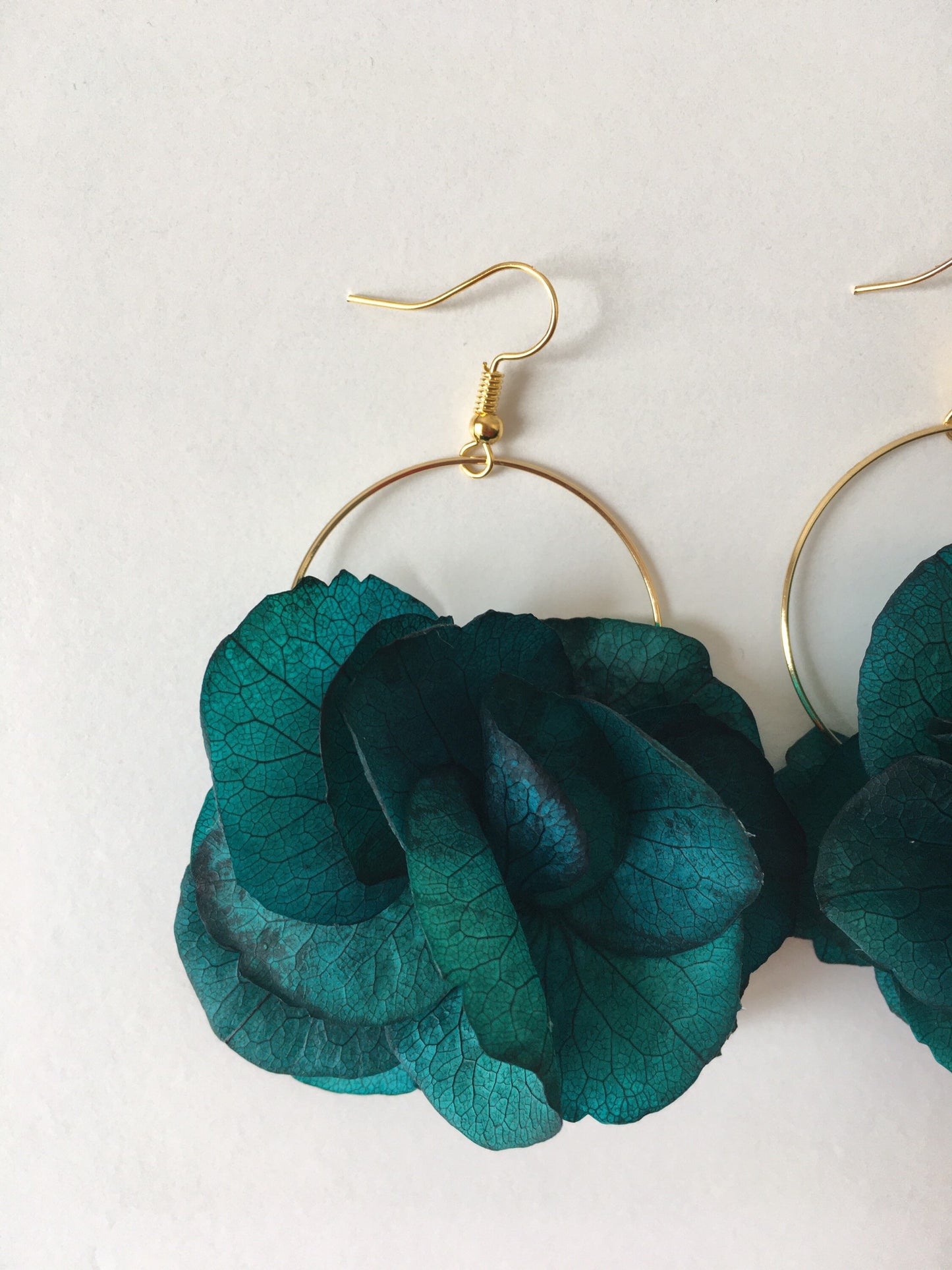 Emerald Green Gold Earrings Bridesmaids Gift, Bespoke Wedding Accessories, Real Flower Fine Jewellery UK, Flower Hoop Earrings Teal