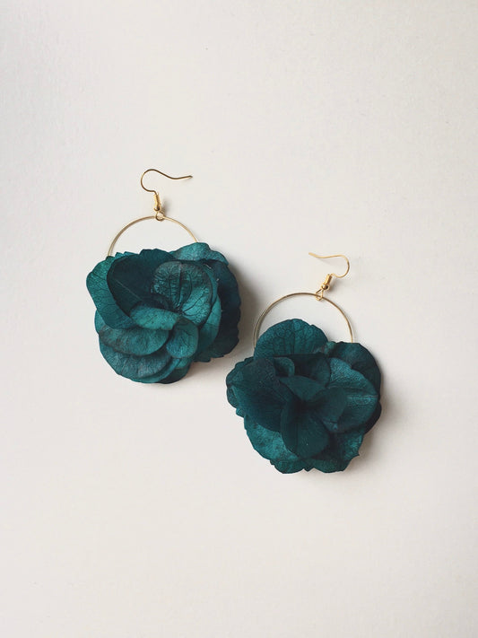 Emerald Green Gold Earrings Bridesmaids Gift, Bespoke Wedding Accessories, Real Flower Fine Jewellery UK, Flower Hoop Earrings Teal