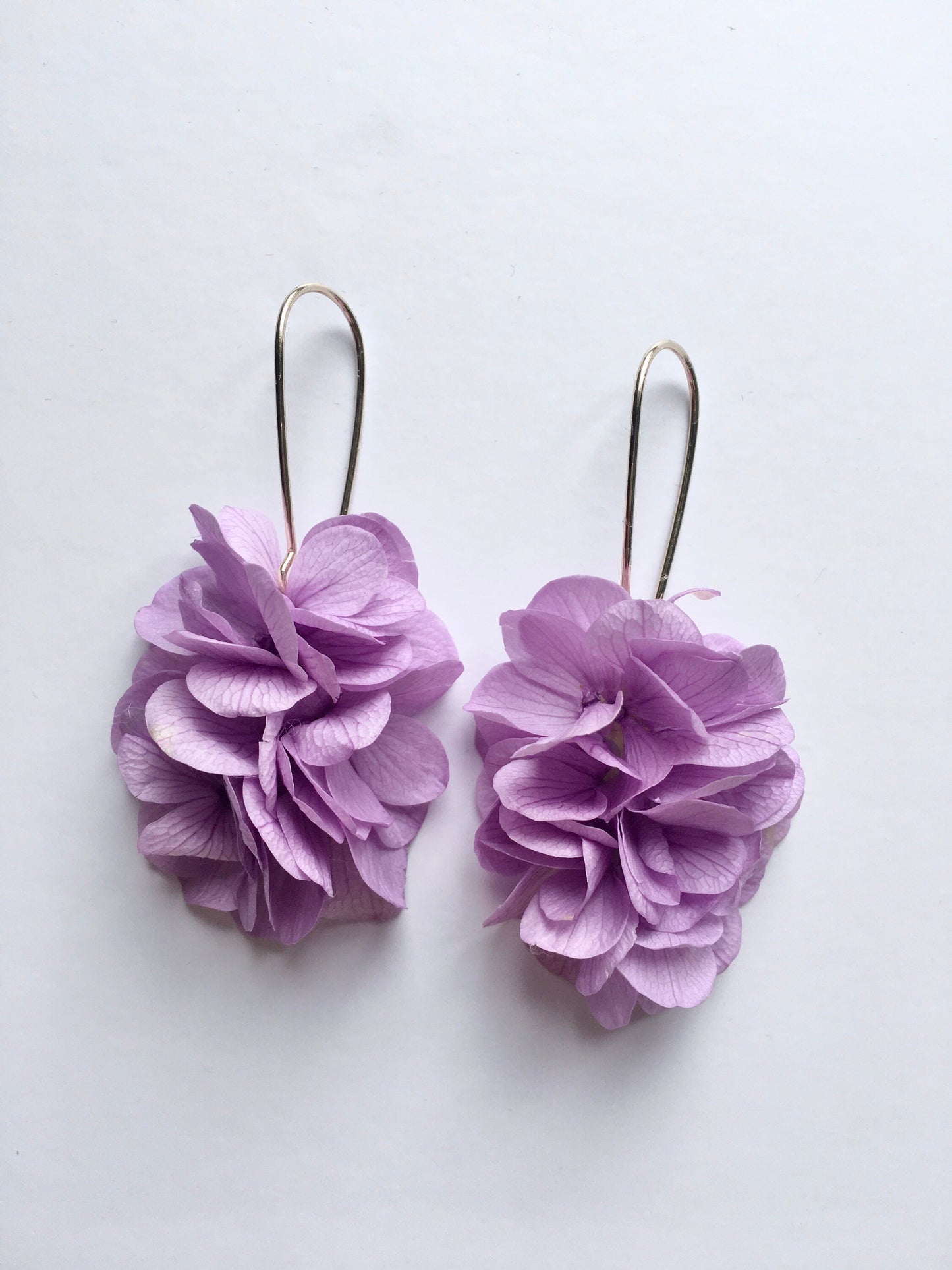 Lilac Flower Earrings, Boho Barn Wedding Accessories UK, 18ct Gold Bridal Jewellery, Unique Dried Floral Earrings, Purple Hydrangea Jewelry
