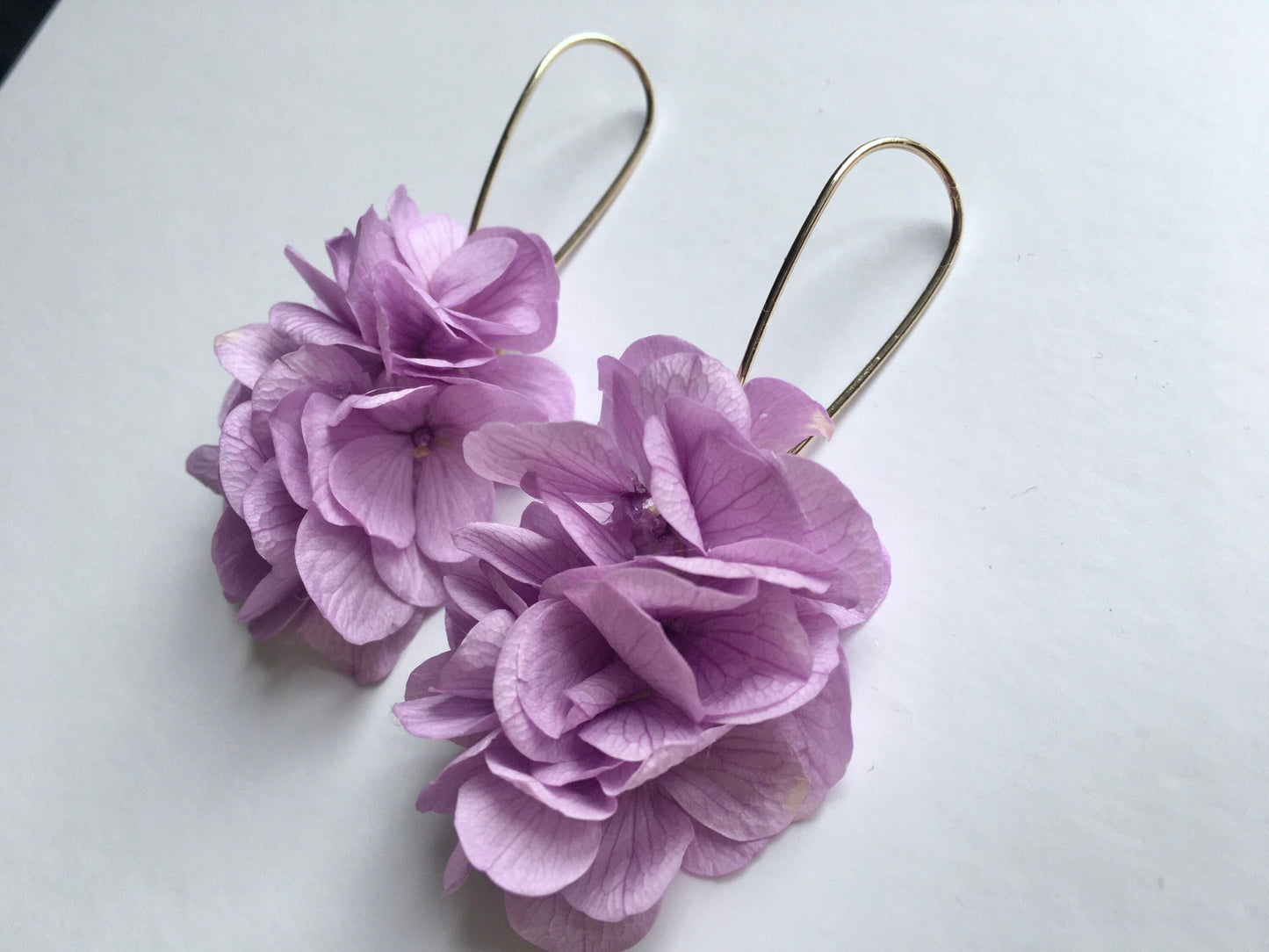 Lilac Flower Earrings, Boho Barn Wedding Accessories UK, 18ct Gold Bridal Jewellery, Unique Dried Floral Earrings, Purple Hydrangea Jewelry