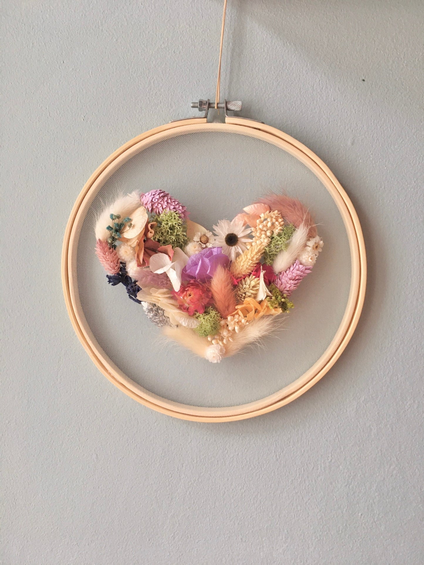 Dried Flower Wall Art Pink, Personalized Embroidery Botanical Art Hoop, Boho House Decor, Flowers on Tulle Heart, Mothers Day, Birthday Gift