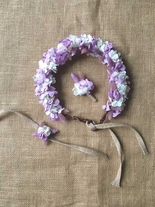 Bridal Accessories Set, Lilac White Wedding Real Flower Crown Buttonhole and Wristlet Set, Dry Flower Girl Tiara, Purple Hair Piece UK