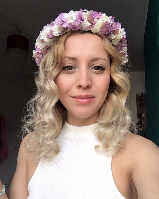 Bridal Accessories Set, Lilac White Wedding Real Flower Crown Buttonhole and Wristlet Set, Dry Flower Girl Tiara, Purple Hair Piece UK