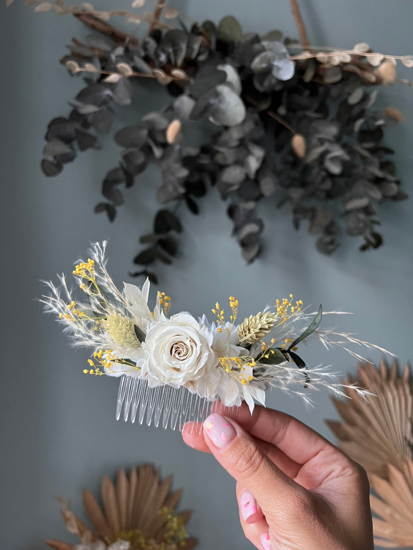 Bohemian Wild Look Flower Hair Piece, Rose and Eucalyptus Hair Comb, Unique Bridal Hair Accessories