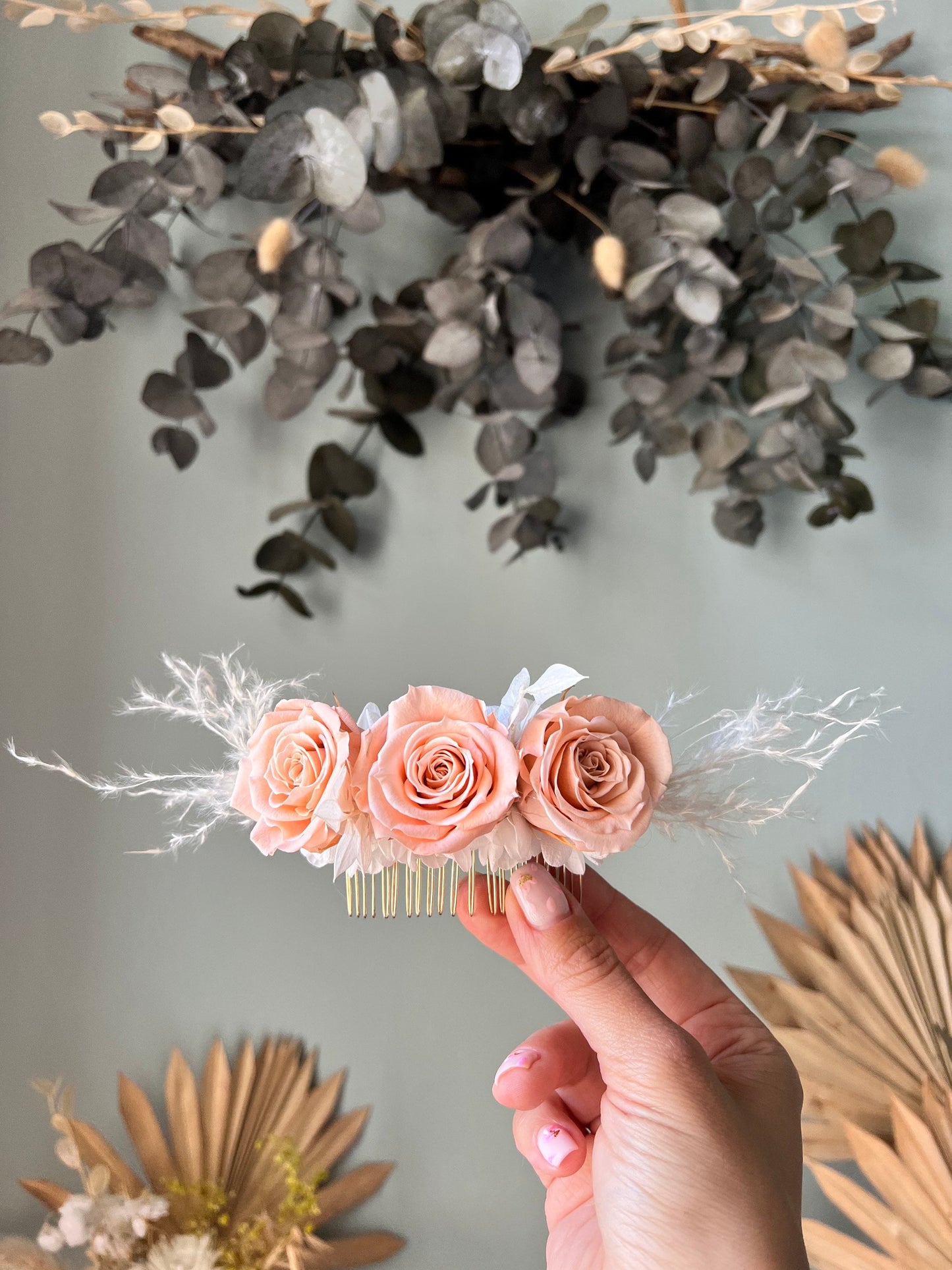 Pink Peach Rose Hair Piece, Princess Bridal Hair Piece, Preserved Rose Decorative Wedding Side Comb in Gold, Everlasting Flower Updo Hair
