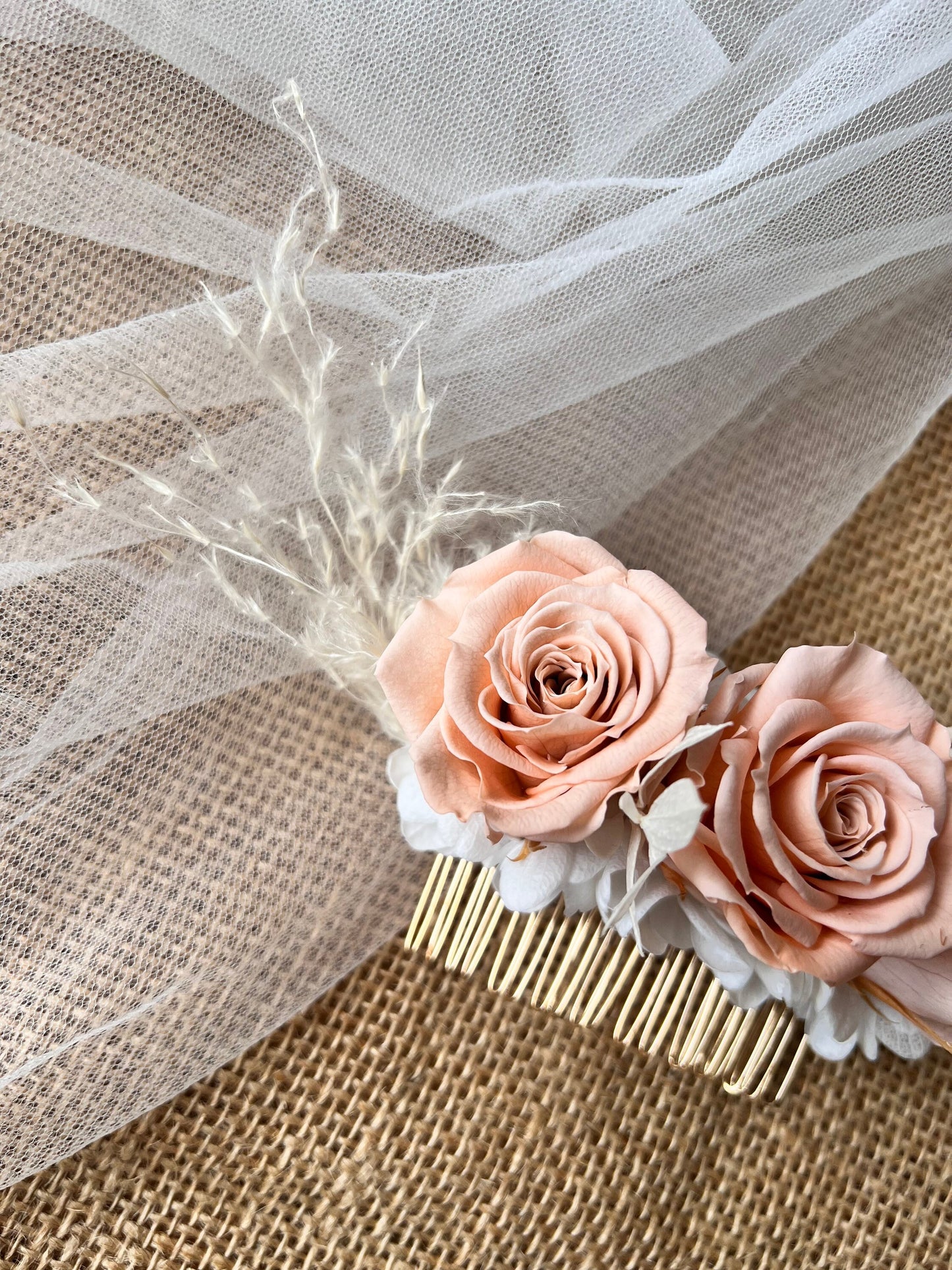 Pink Peach Rose Hair Piece, Princess Bridal Hair Piece, Preserved Rose Decorative Wedding Side Comb in Gold, Everlasting Flower Updo Hair