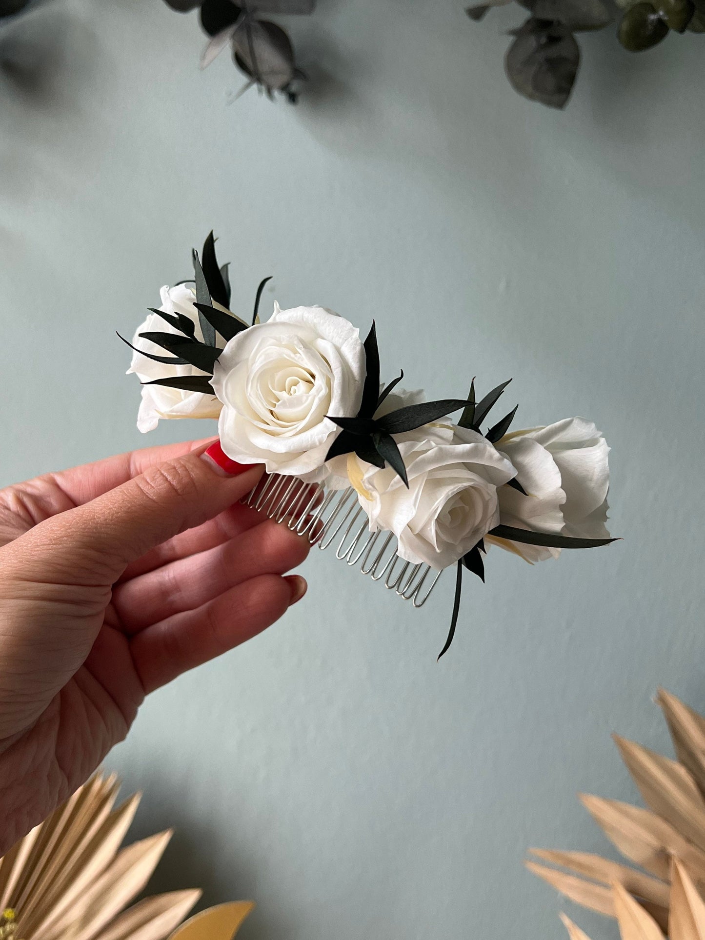 Boho White Rose And Eucalyptus Wedding Hair Comb, White and Green Olive Leaves Flower Comb, Rustic Bridal Wedding Accessories Silver Gold UK