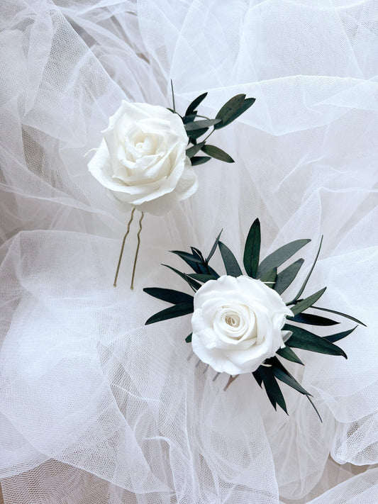 Bridal Rose Hair Pin and Hair Comb, White and Green Hair Piece for Rustic Barn Wedding, Minimalist Bridal Hair Accessories Gold UK