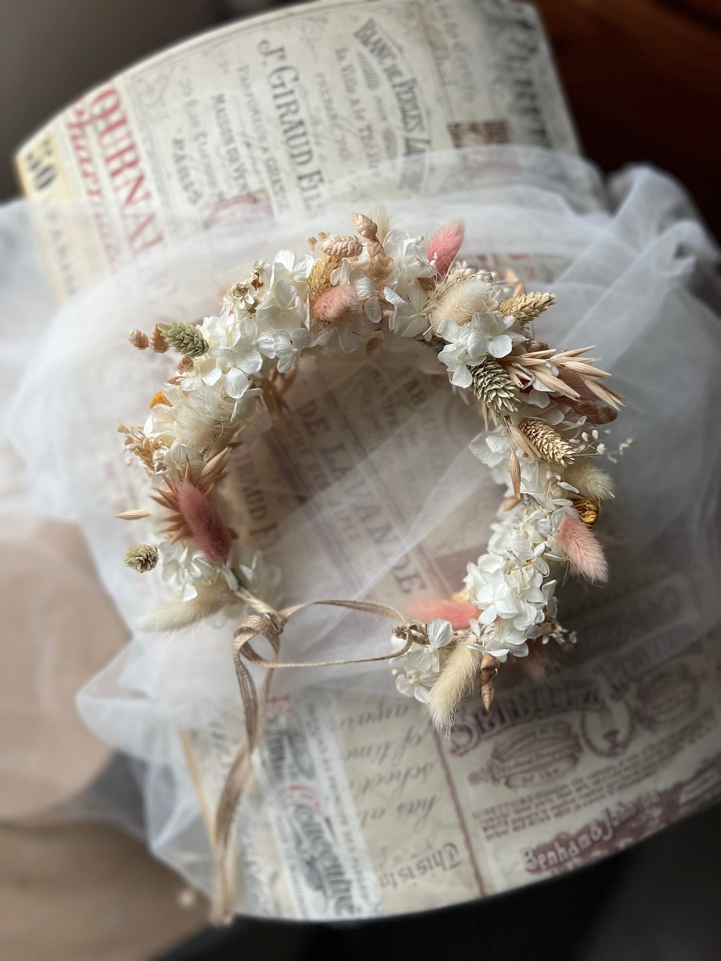 Boho Dried Flower Crown Ivory and Pastel Colours, Wedding Headband Floral Off White for Adults, Flower Girl Hair Piece,