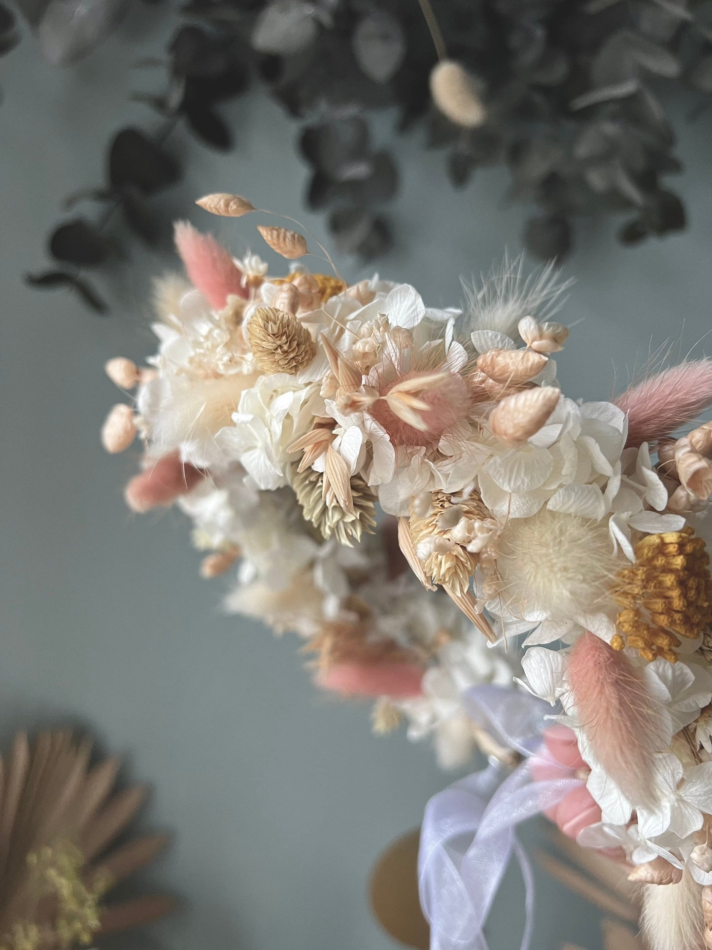 Boho Dried Flower Crown Ivory and Pastel Colours, Wedding Headband Floral Off White for Adults, Flower Girl Hair Piece,