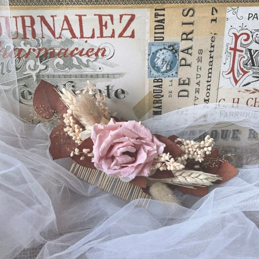 Modern Boho Chic Bridal Flower Hair Comb, Real French Rose Large Headpiece for Brides, Wedding Floral Comb Cream Dusky Pink Earthy Pastel