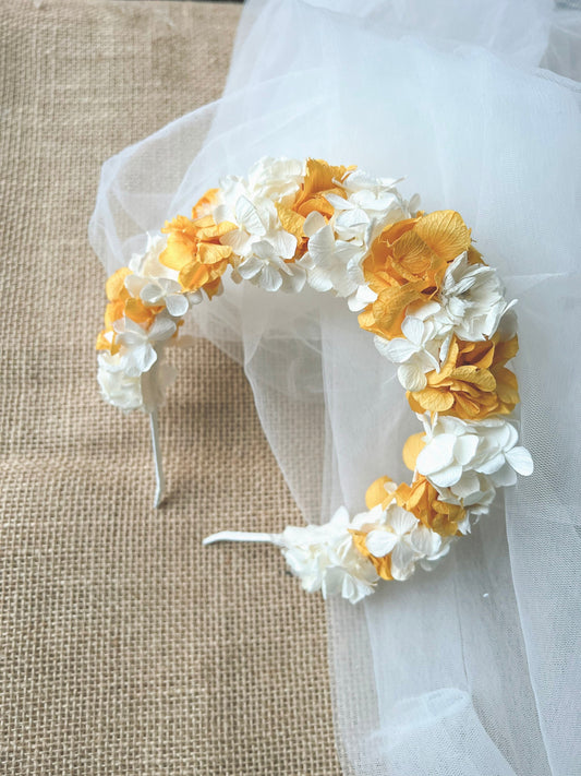 Yellow and White Bridal Flower Headband, Maternity Photo Shoot Flower Tiara, UK, Real Flower Wedding Accessories Set Unique