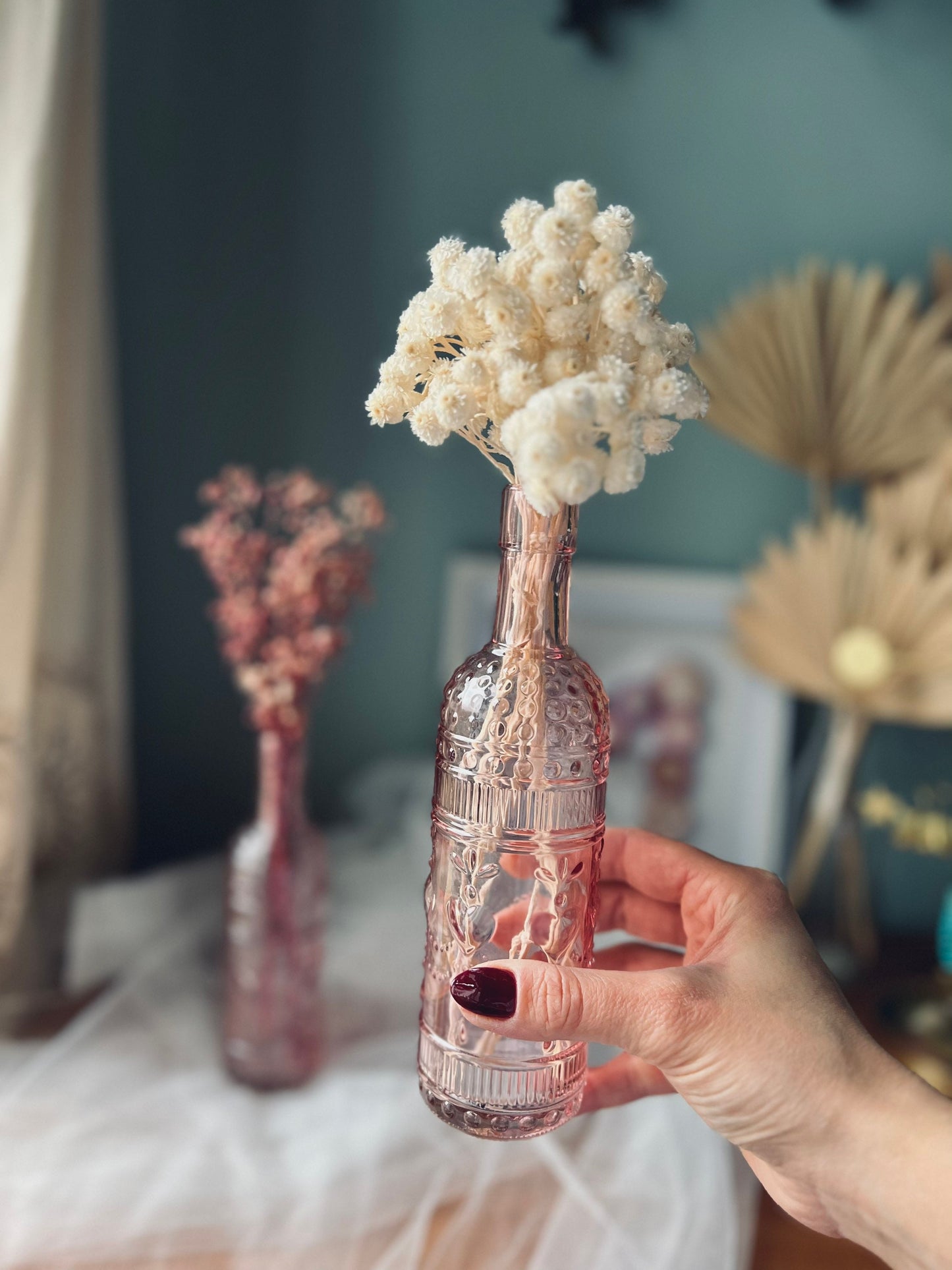 Bohemian Style Decoration Bottle Vase Glass Pink and Clear Boho House Decor