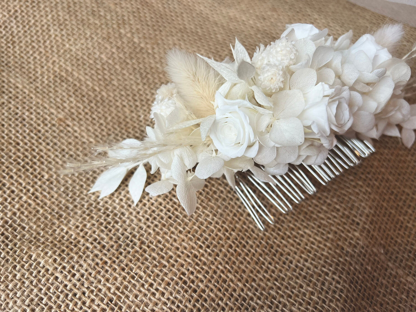 Boho Bride Dried Flower Comb Ivory, White Wedding Flower Hair Piece, Bridal Bespoke Flower Accessories, Everlasting Rose Hydrangea Pampas