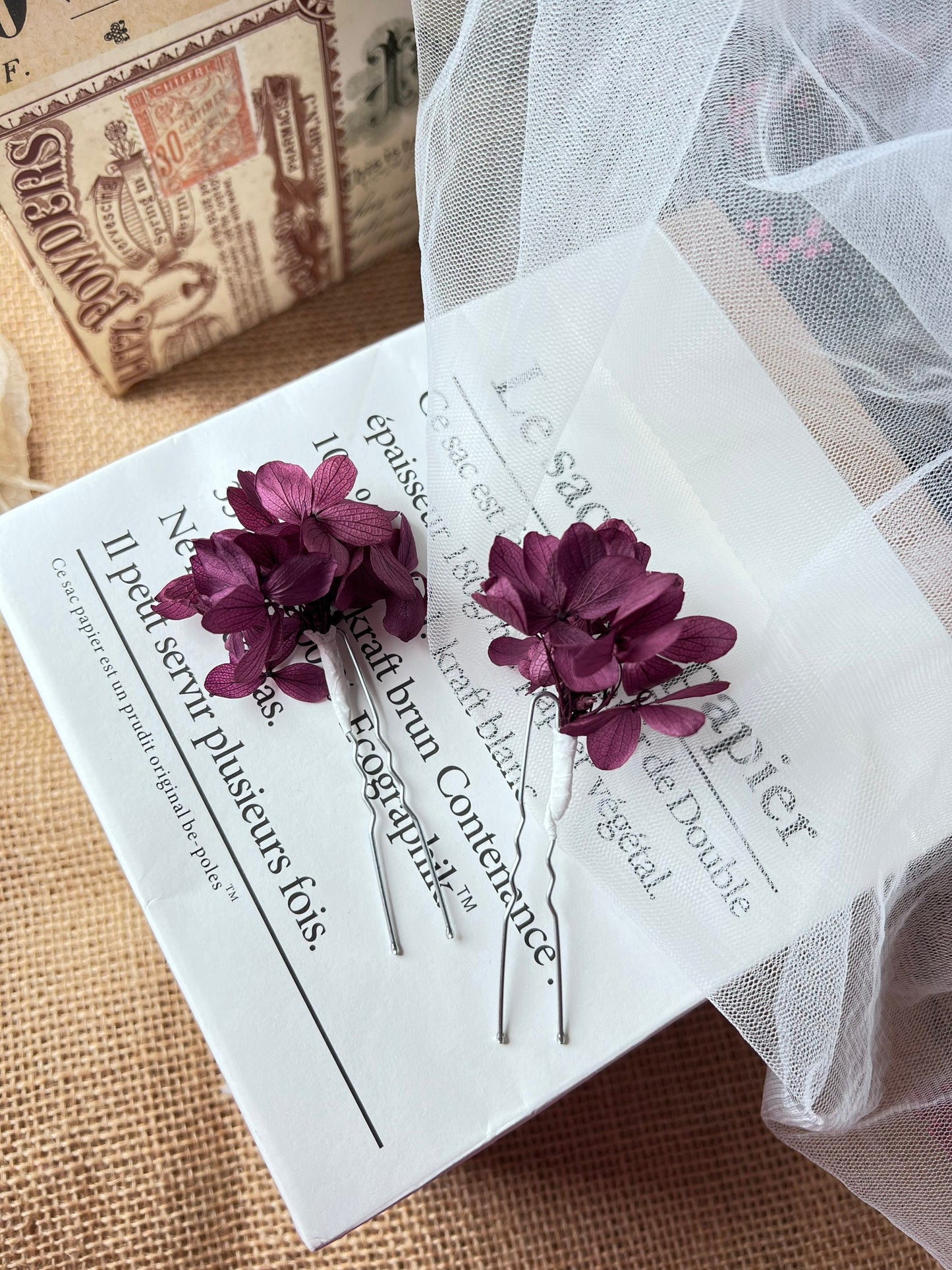 Dried Flower Rustic Wedding Hair Pin Sets Magenta Pink Purple, Bride and Bridesmaid Hair Accessories, Preserved Hydrangea Floral Hair Pieces