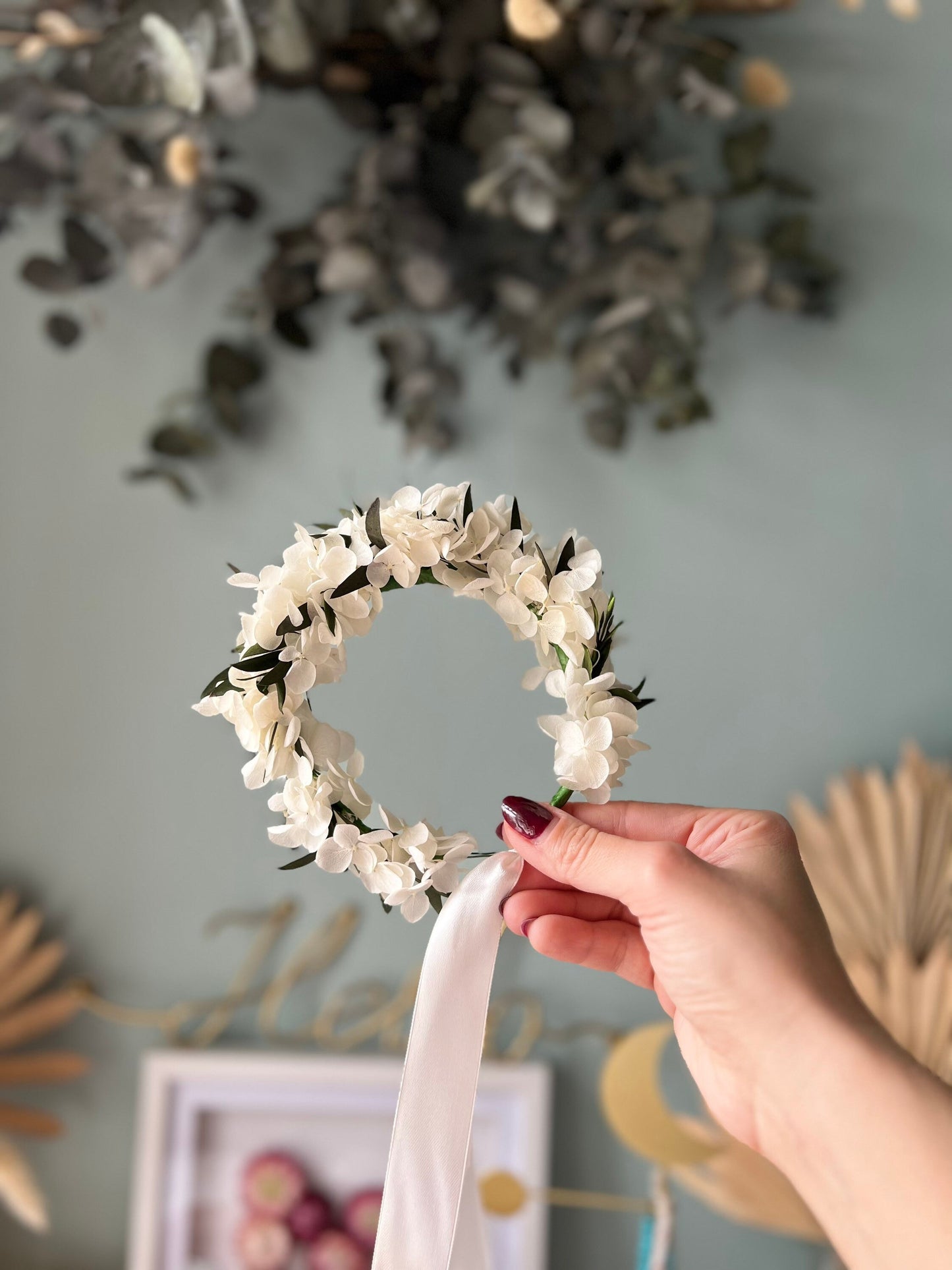 White and Green Leafy Flower Hair Halo Crown Christening for Baby Girls Toddler or Wedding Flower Girl Hair Wreath Handmade
