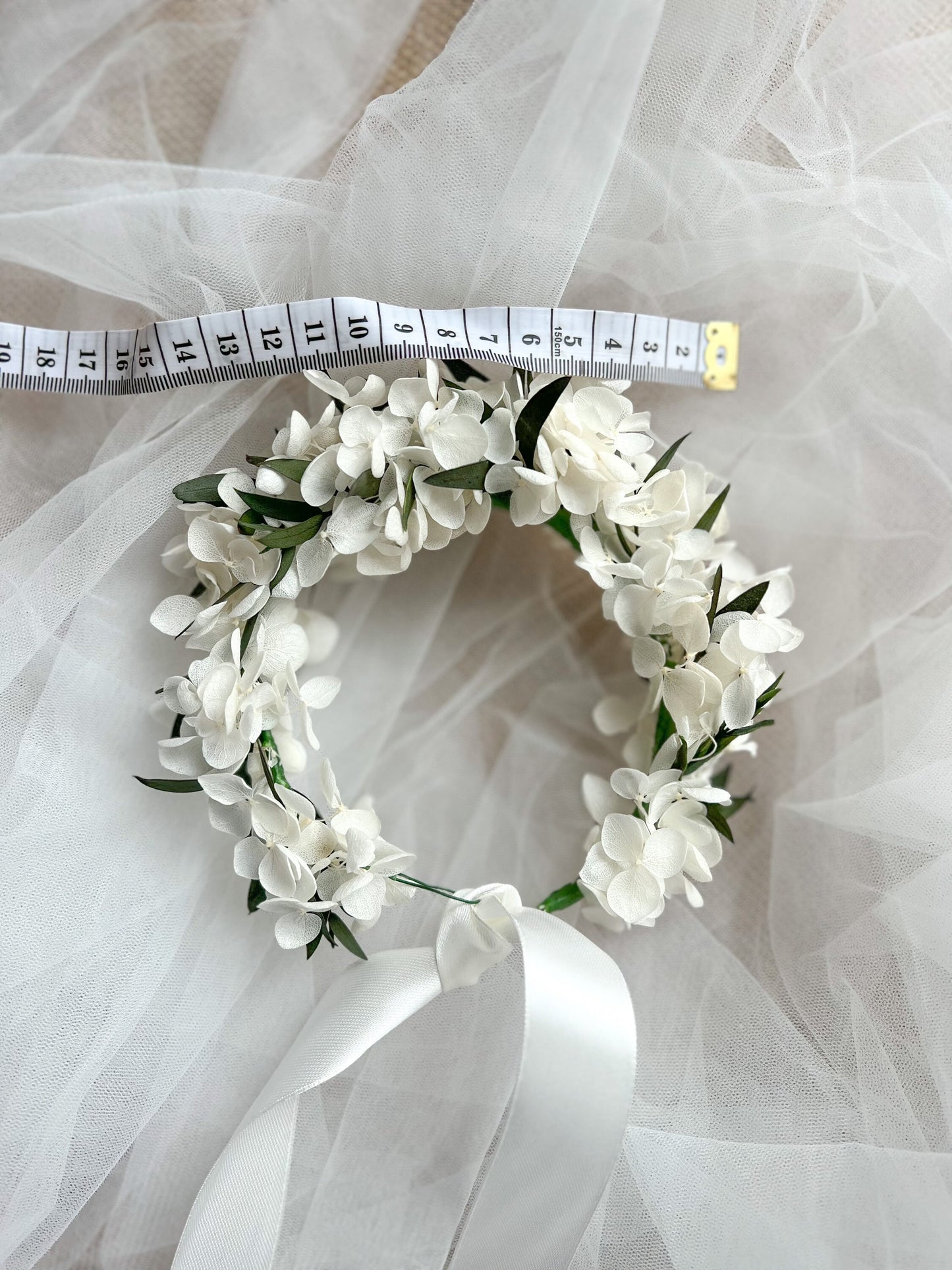 White and Green Leafy Flower Hair Halo Crown Christening for Baby Girls Toddler or Wedding Flower Girl Hair Wreath Handmade