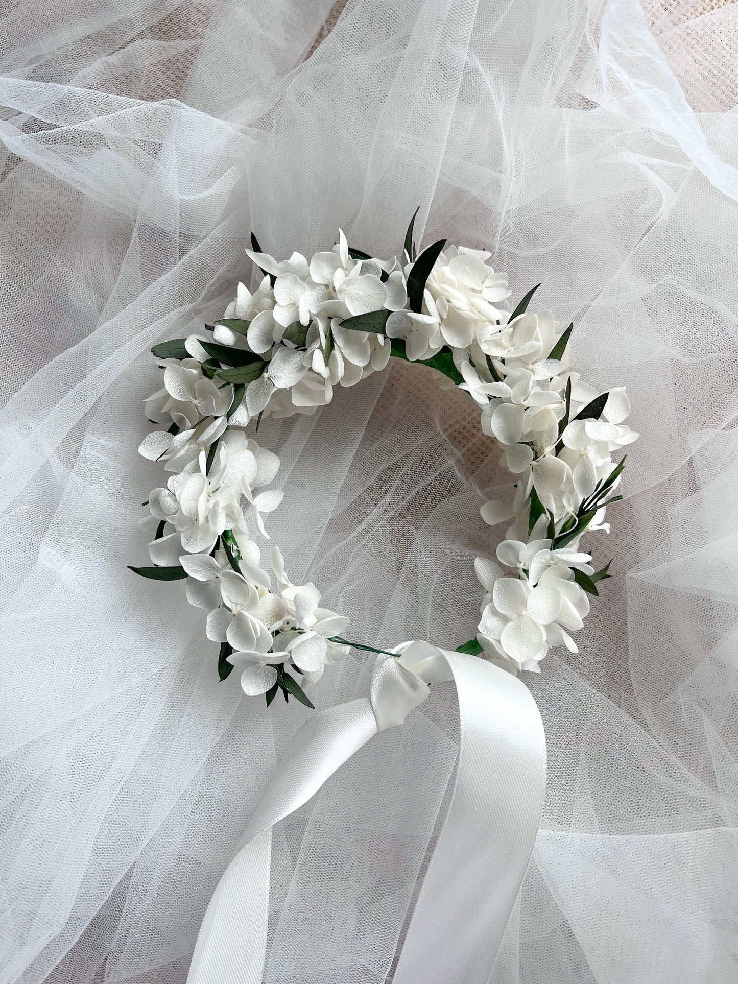 White and Green Leafy Flower Hair Halo Crown Christening for Baby Girls Toddler or Wedding Flower Girl Hair Wreath Handmade