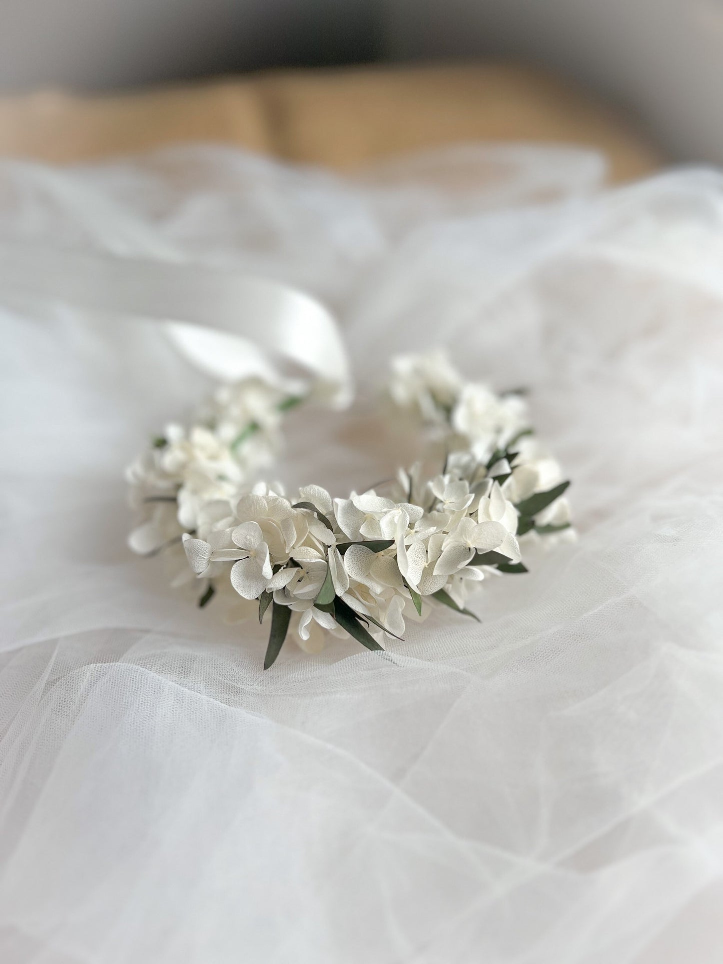 White and Green Leafy Flower Hair Halo Crown Christening for Baby Girls Toddler or Wedding Flower Girl Hair Wreath Handmade