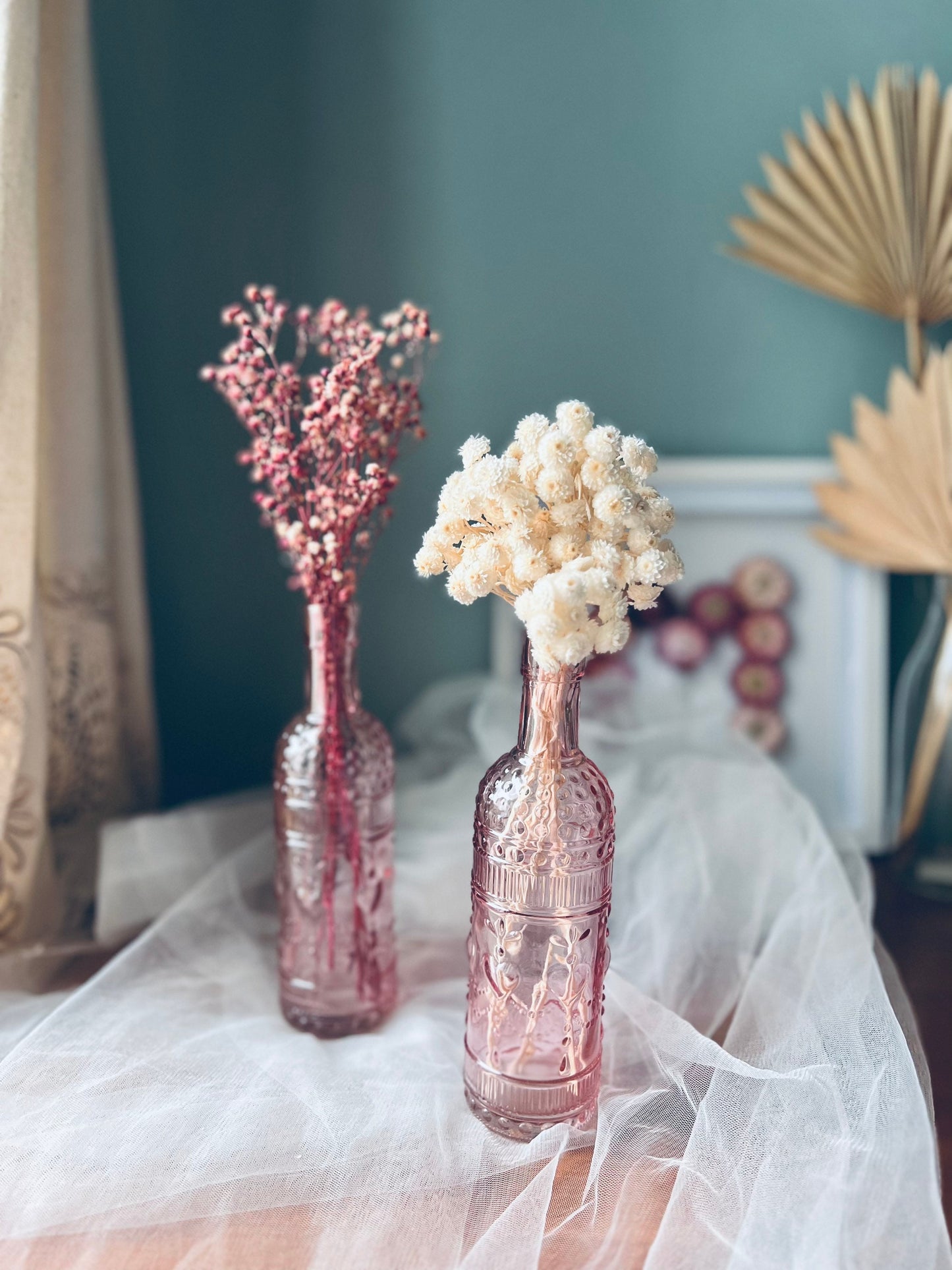 Bohemian Style Decoration Bottle Vase Glass Pink and Clear Boho House Decor