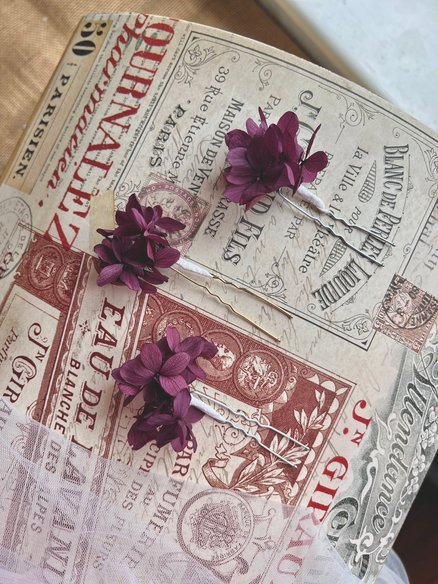 Dried Flower Rustic Wedding Hair Pin Sets Magenta Pink Purple, Bride and Bridesmaid Hair Accessories, Preserved Hydrangea Floral Hair Pieces