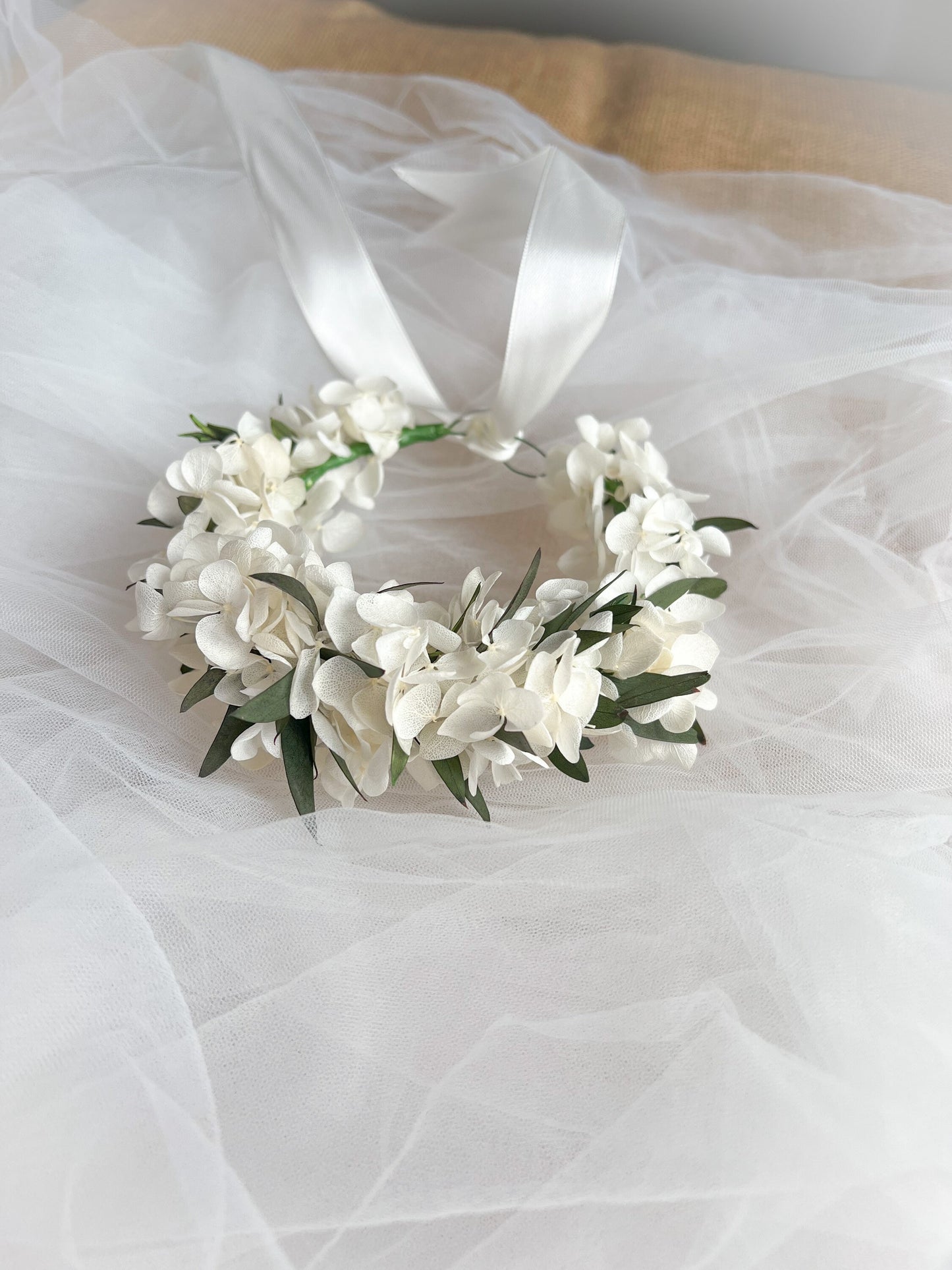 White and Green Leafy Flower Hair Halo Crown Christening for Baby Girls Toddler or Wedding Flower Girl Hair Wreath Handmade