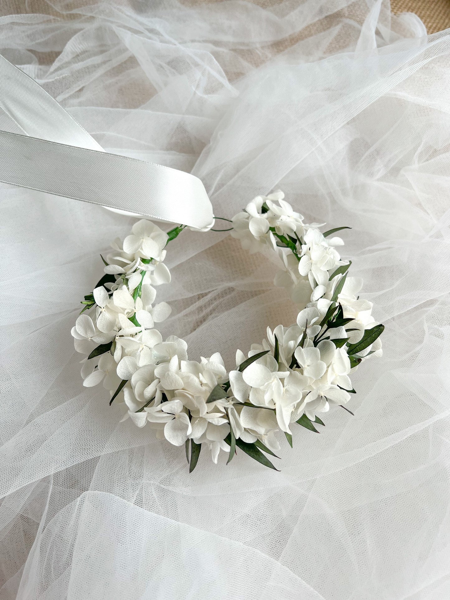 White and Green Leafy Flower Hair Halo Crown Christening for Baby Girls Toddler or Wedding Flower Girl Hair Wreath Handmade