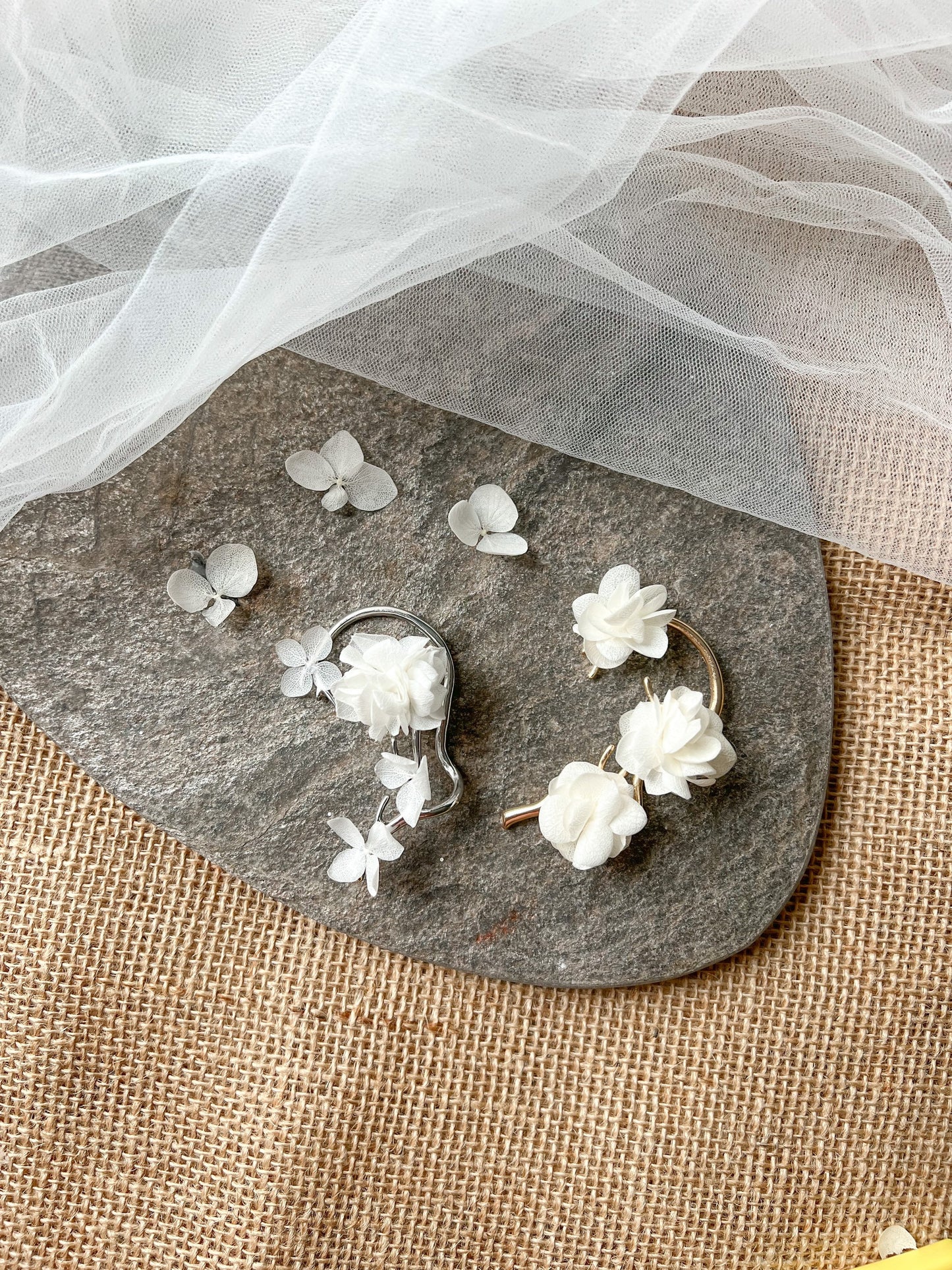 Boho Bridal Flower Ear Wrap White, Bridesmaids Floral Earrings Ivory Gold Silver Wedding Floral Ear Climber Cuff, Handmade Accessories Bride