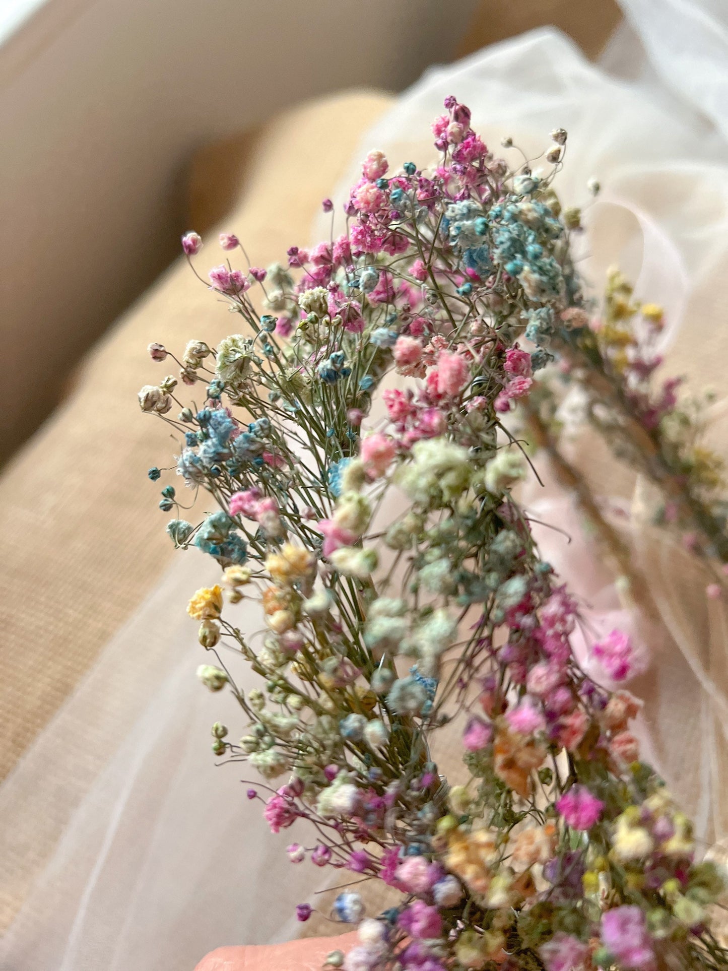 Rainbow Flower Wreath, Colourful Babys Breath Flower Girl Halo Crown Gypsophila, Dried Real Flower Hair Accessories, Floral Hair Piece